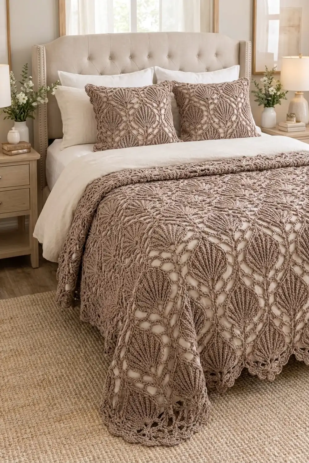 Taupe crocheted blanket with delicate fan stitch pattern draped on a cream bed in a serene bedroom.