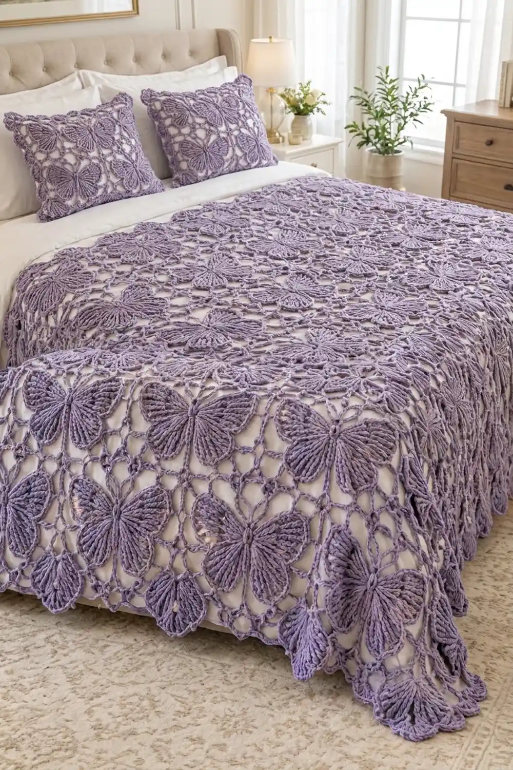 A purple butterfly-pattern crochet bedspread with matching pillows on a bed in a bright, minimal bedroom.