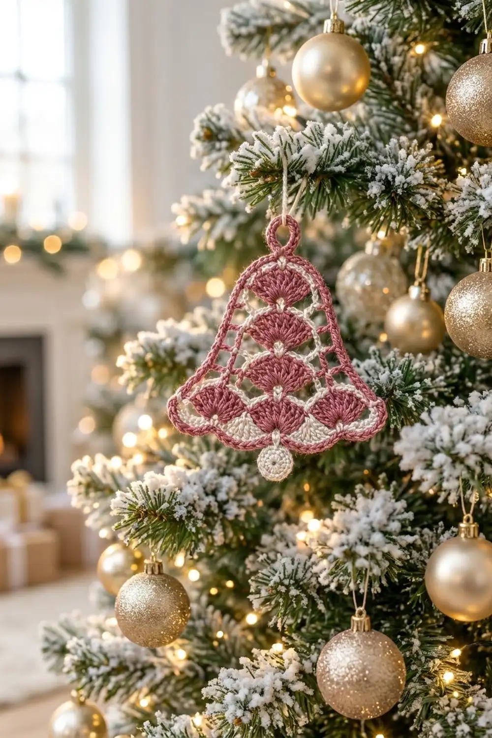 A crocheted pink and cream bell ornament hangs on a frosted Christmas tree decorated with gold baubles and lights.
