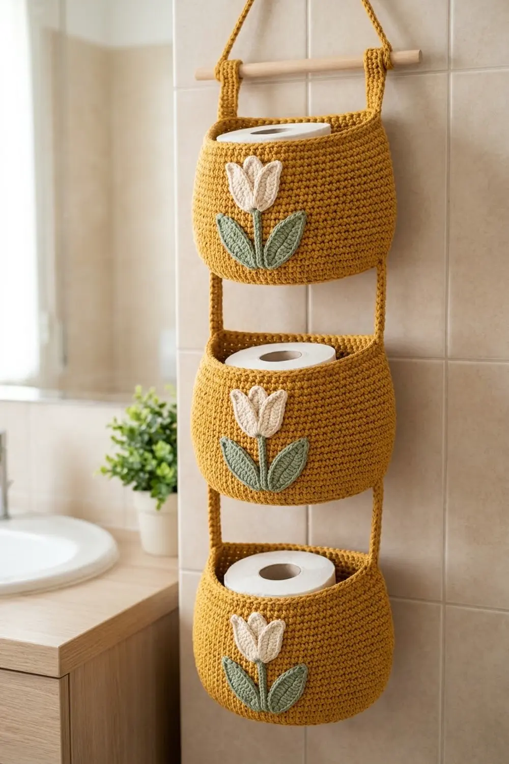 Golden crocheted organizer with three pockets featuring white embroidered tulips and green leaves, holding toilet rolls in a tiled bathroom.
