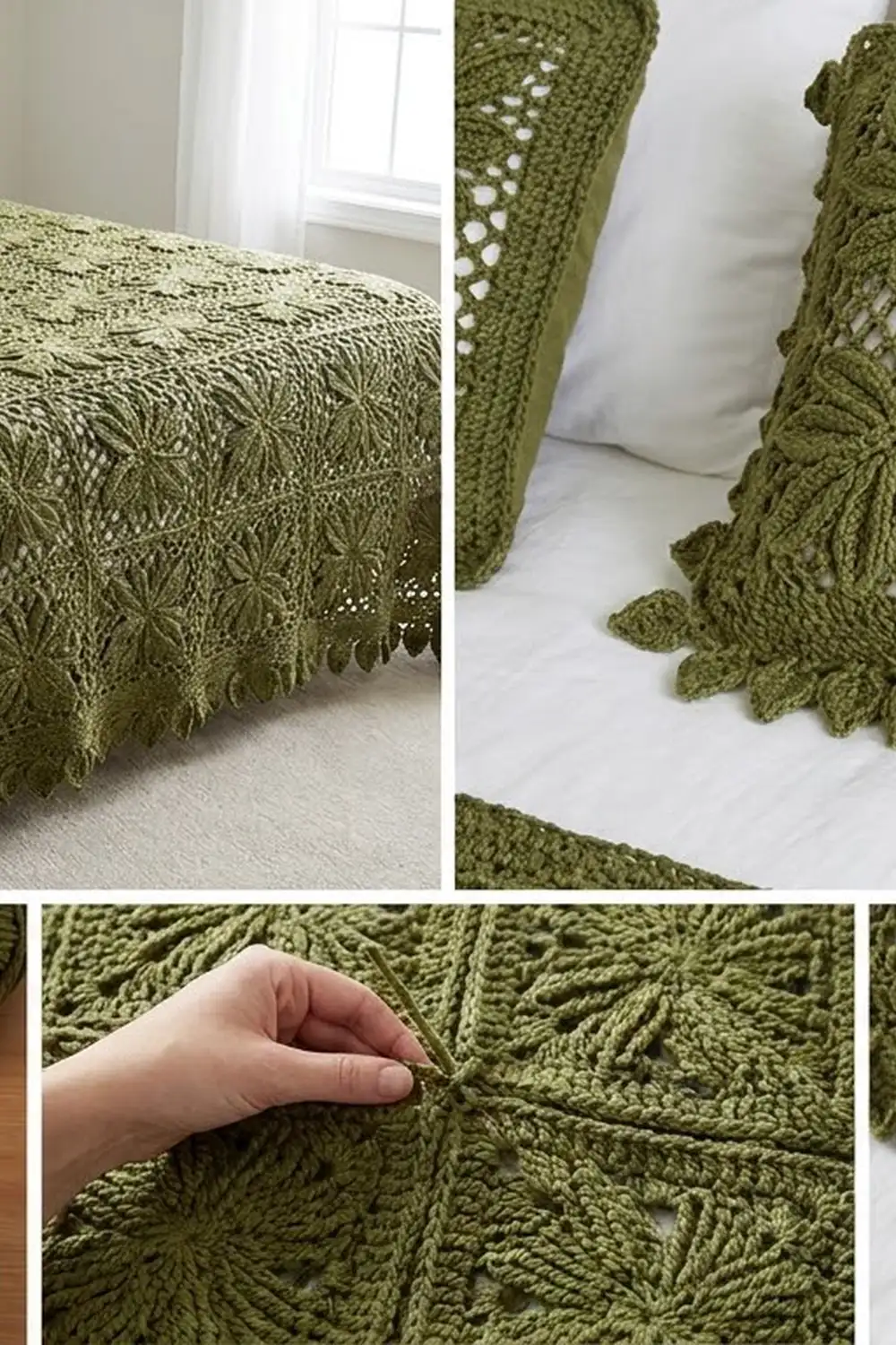 Sage green crocheted blanket with textured cable pattern and white button details displayed on a bed.