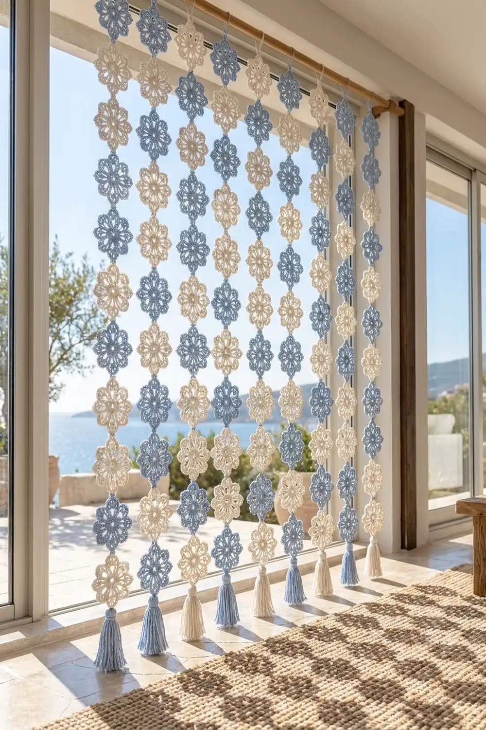 Crochet flower curtain with taupe and blue medallions and tassels hanging in a coastal room with ocean view.