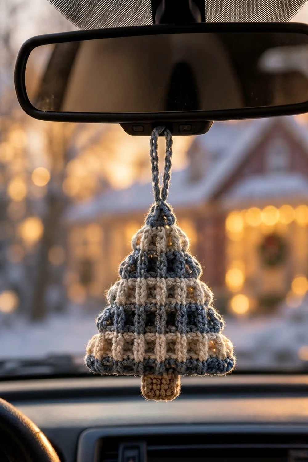 Striped cream and gray crocheted tree ornament hanging from a car's rearview mirror with a snowy winter scene behind.