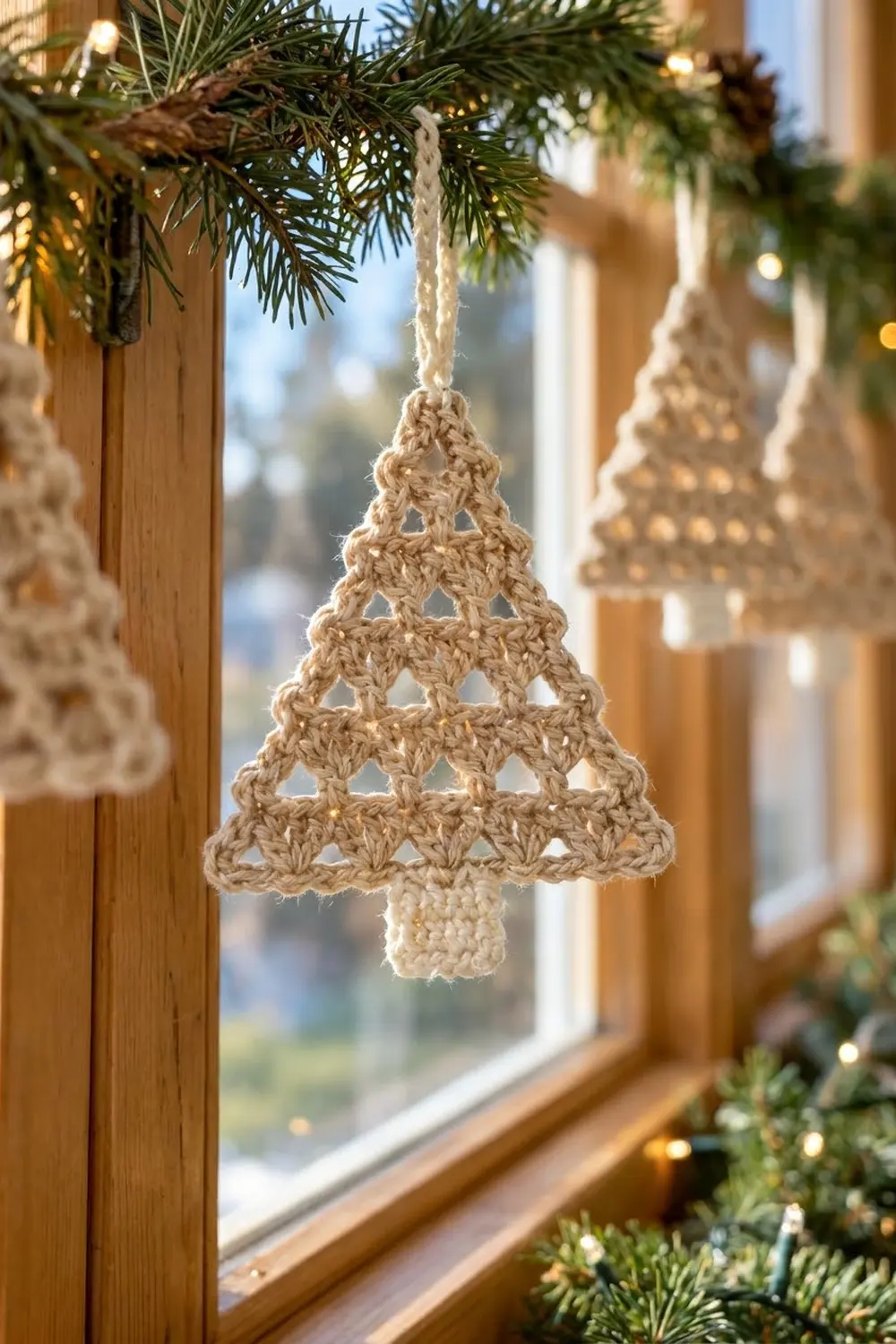 Cream-colored crocheted Christmas tree ornament with lattice pattern hanging from rope on evergreen branch by wooden window.
