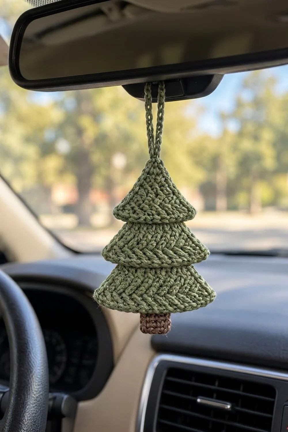 Crocheted green Christmas tree with brown trunk hanging from car rearview mirror in sunlight.
