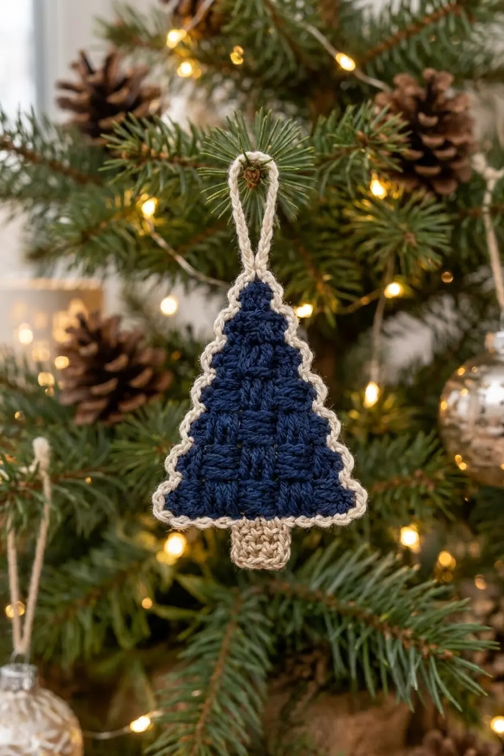 Navy crocheted Christmas tree ornament with cream trim and trunk hanging on lit evergreen garland with pinecones.