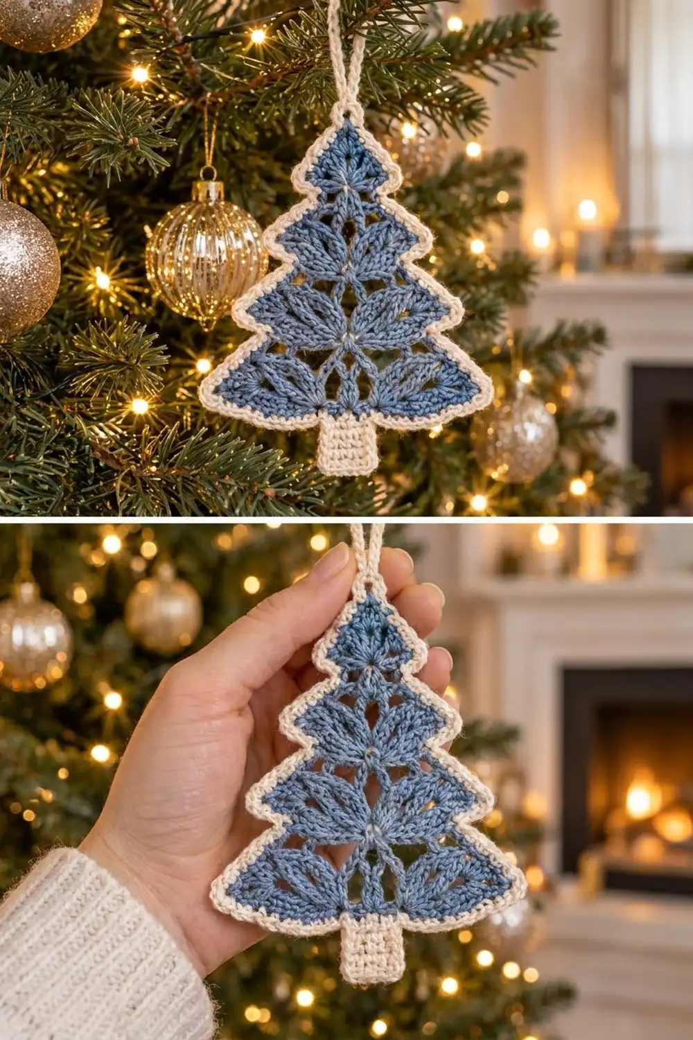 Crocheted slate blue Christmas tree ornament with cream edging, hanging on evergreen branches with twinkling warm lights and gold ornaments.