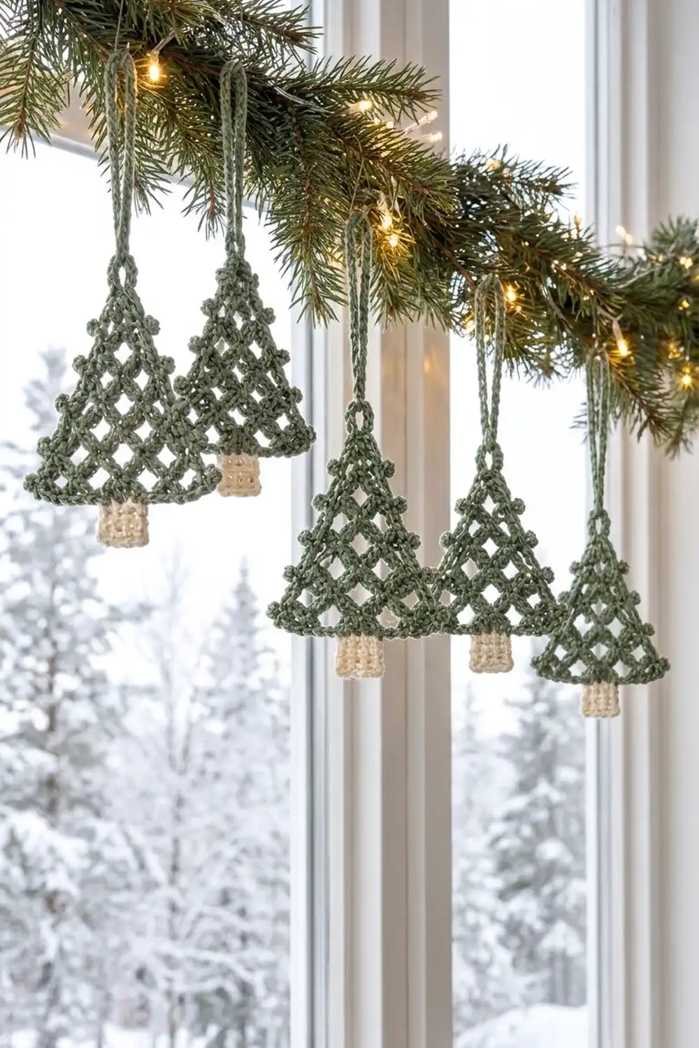 Crocheted sage-green Christmas tree ornaments with cream trunks hang from an evergreen garland with warm lights in a snowy window.