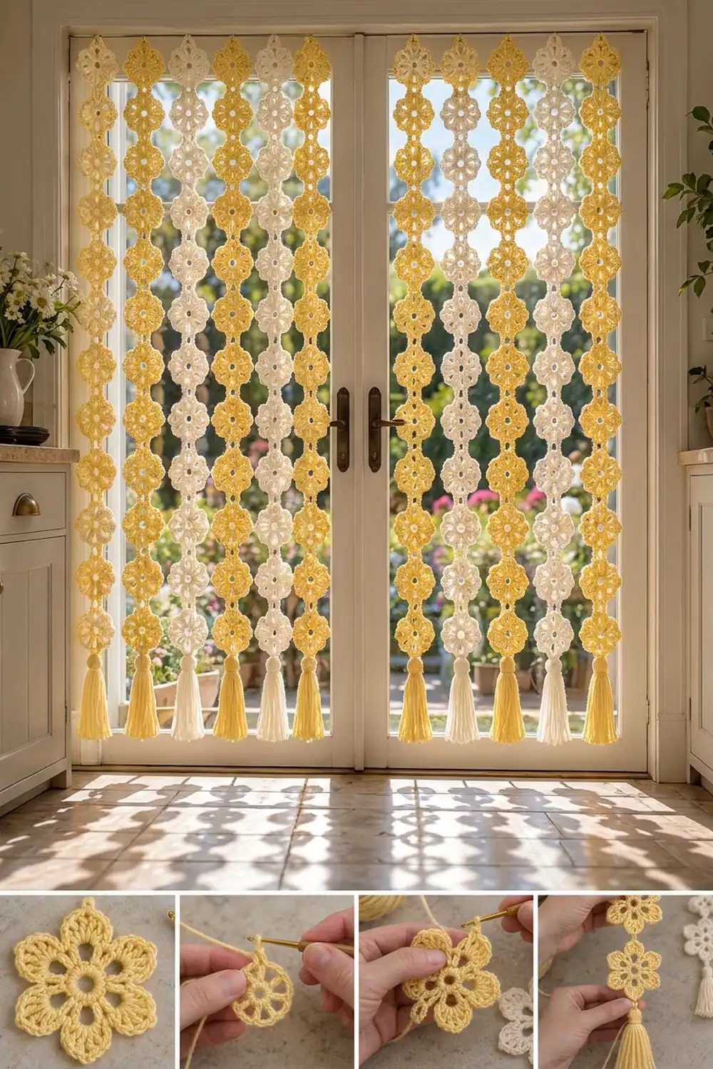 Crocheted flower curtain in gold and cream with tassels hanging on glass doors, styled in a bright room.