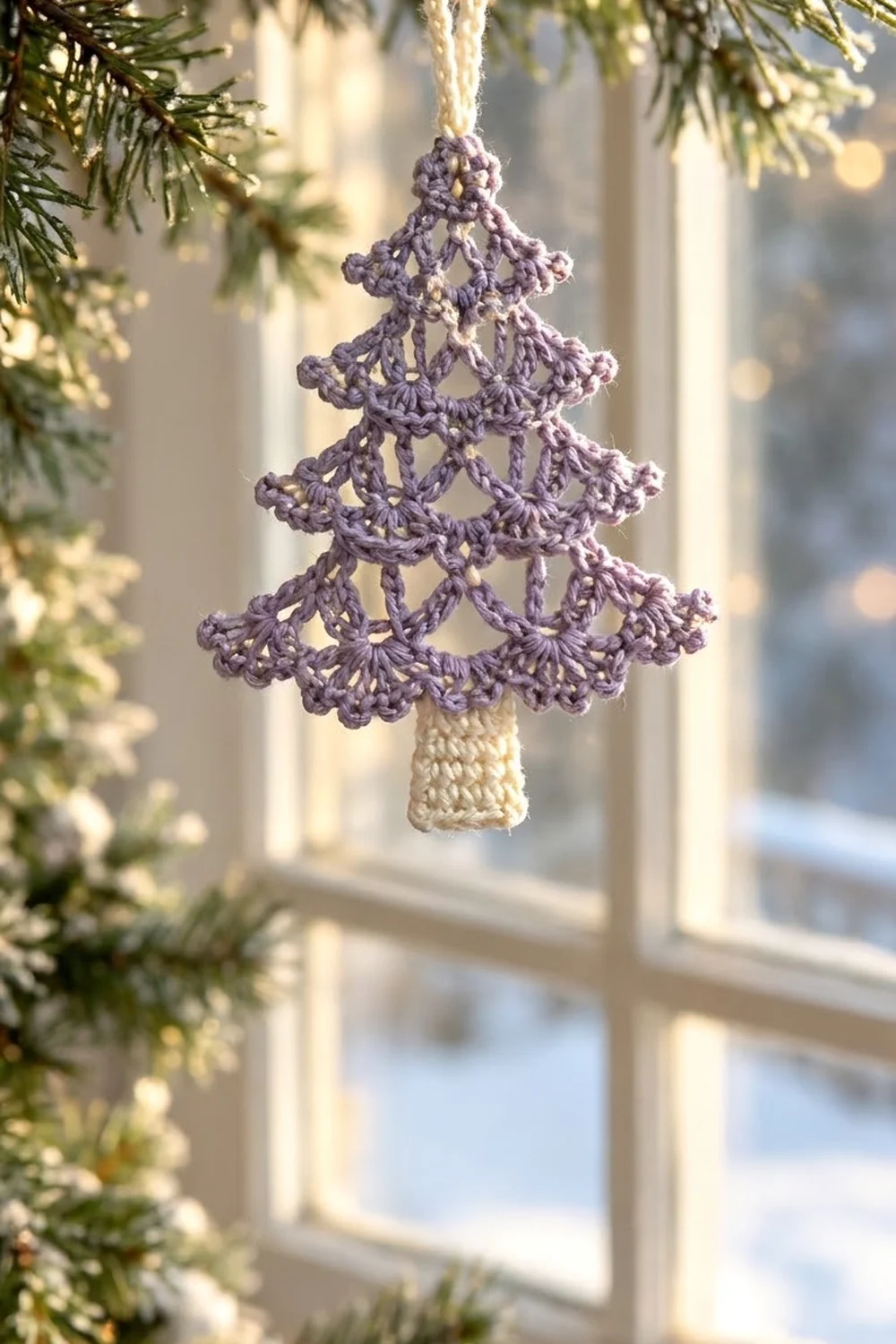 Delicate purple crocheted Christmas tree ornament with cream trunk hanging against a snowy window framed by fresh evergreens.