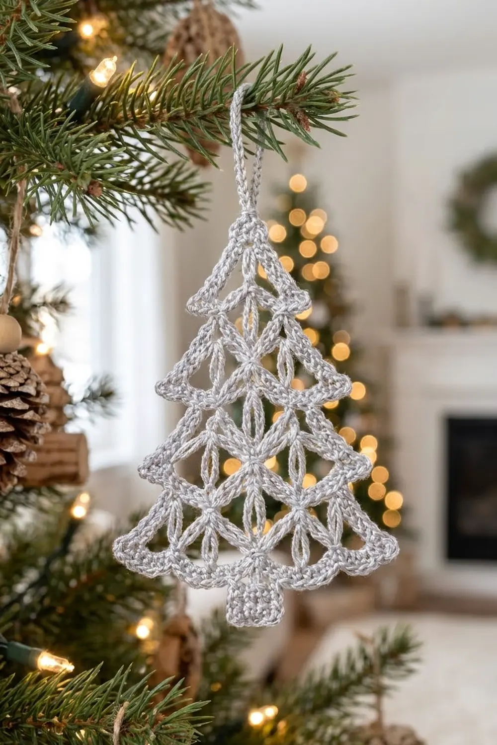 Delicate silver-white crocheted tree ornament hangs from an evergreen branch surrounded by warm golden holiday lights.