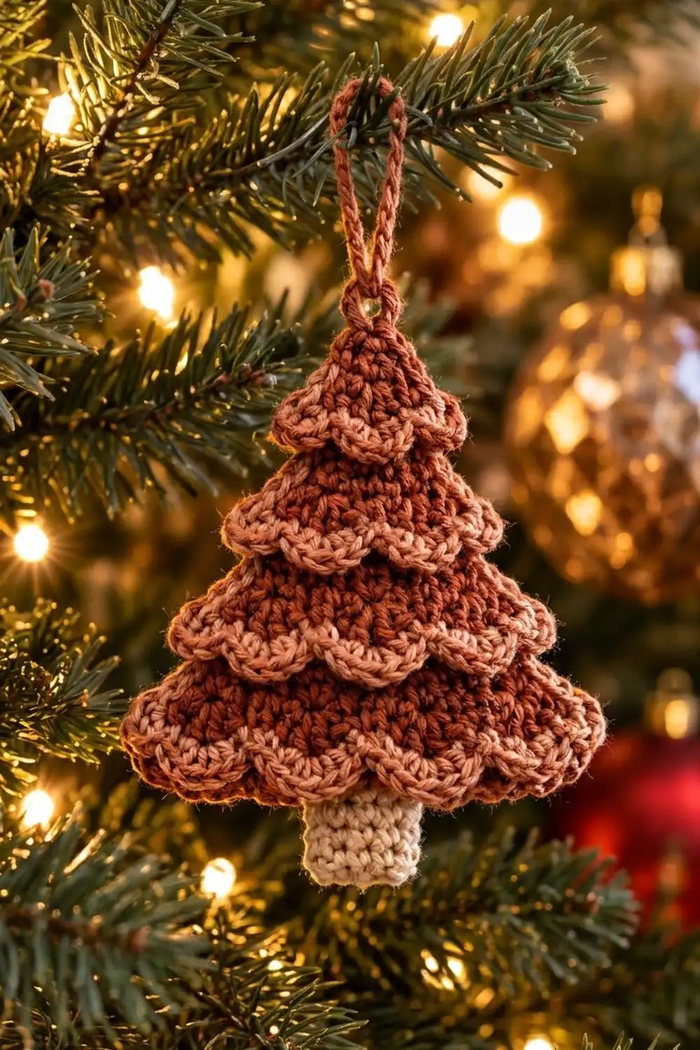 Rust-colored crocheted Christmas tree ornament with scalloped layers hanging on an evergreen branch with warm golden lights.