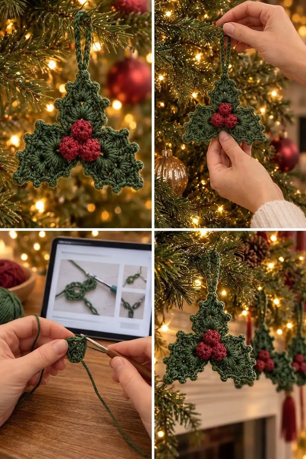 Crocheted green holly ornament with red berries hanging from a Christmas tree with warm golden lights.