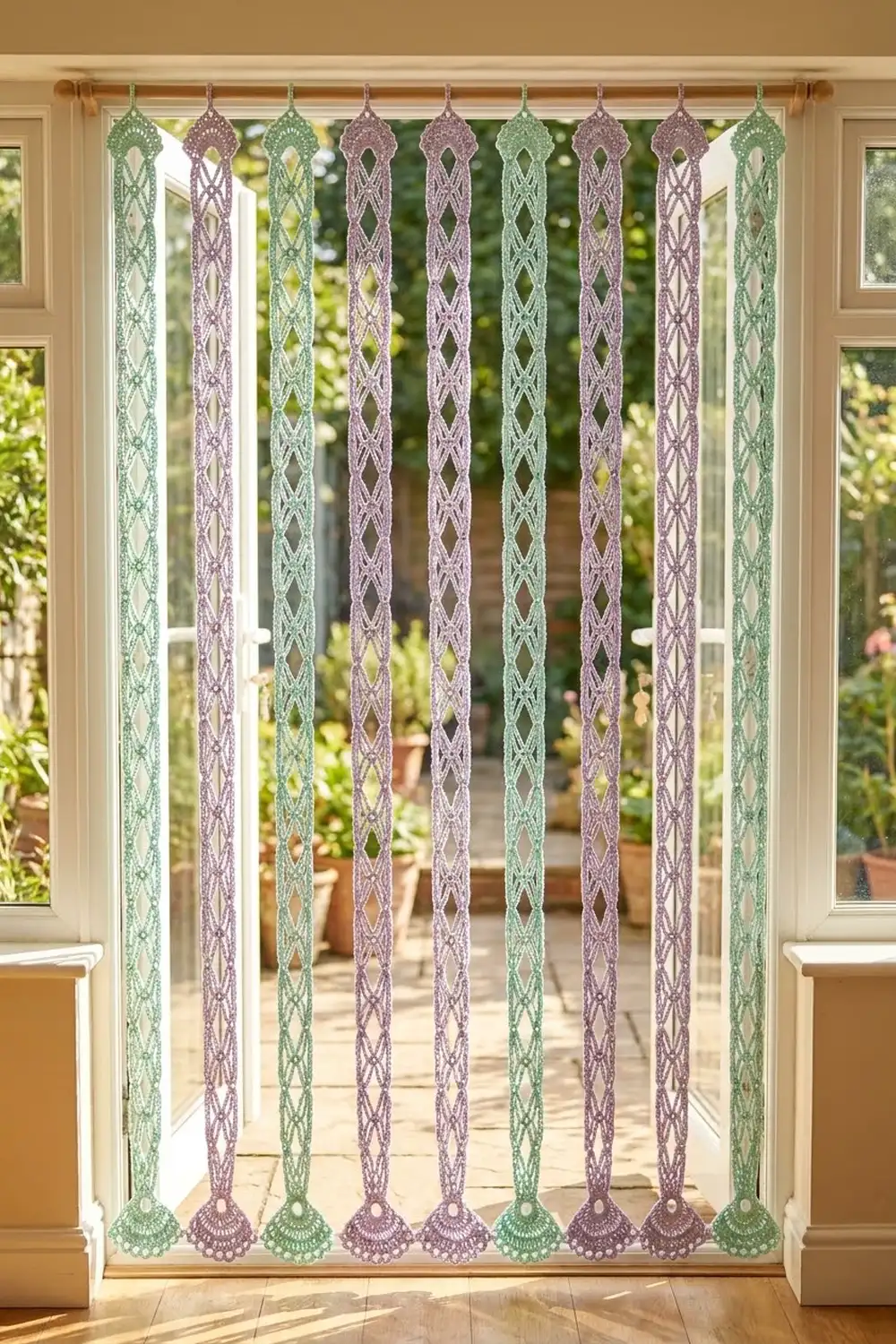 Delicate lace curtain panels in green and mauve hang across glass doors opening to a sunlit garden.
