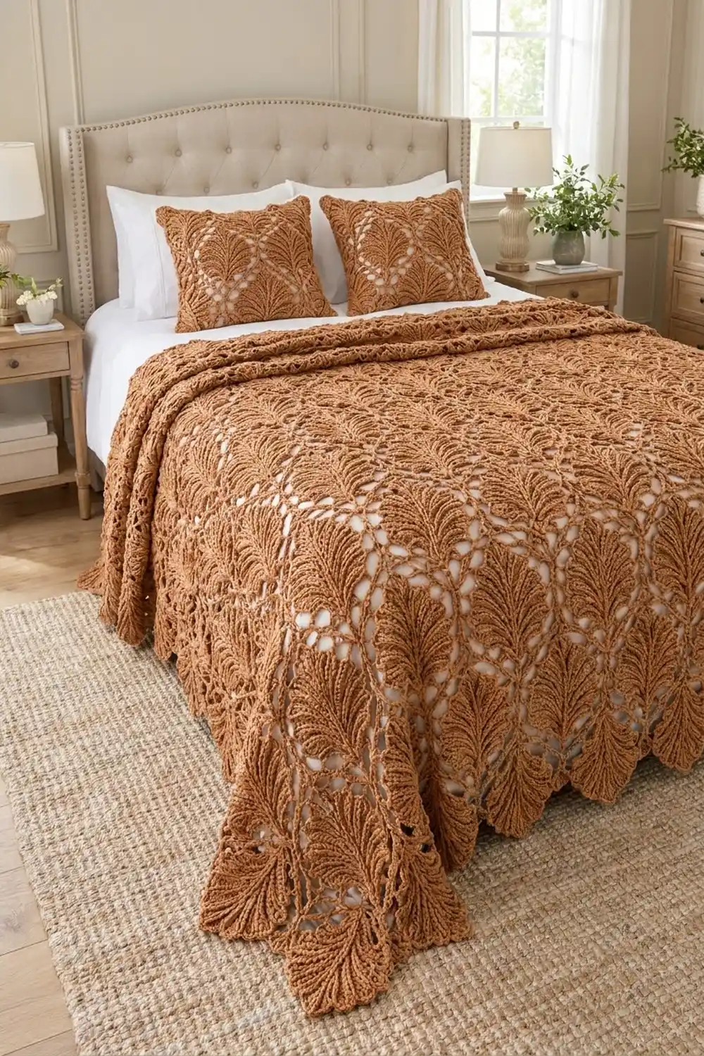 Caramel-colored hand-crocheted bedspread with intricate feathered lace pattern displayed on a bed with white pillows.
