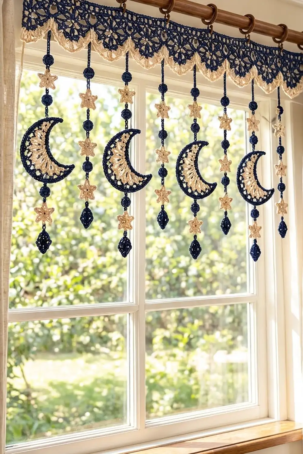 Navy and cream crocheted window valance with dangling moons, stars, and beads hanging on a bright window overlooking green foliage.