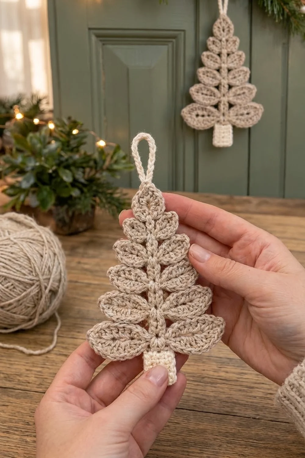 Hand holding delicate cream crocheted Christmas tree ornament, styled against sage green door with warm holiday lights and natural decor.