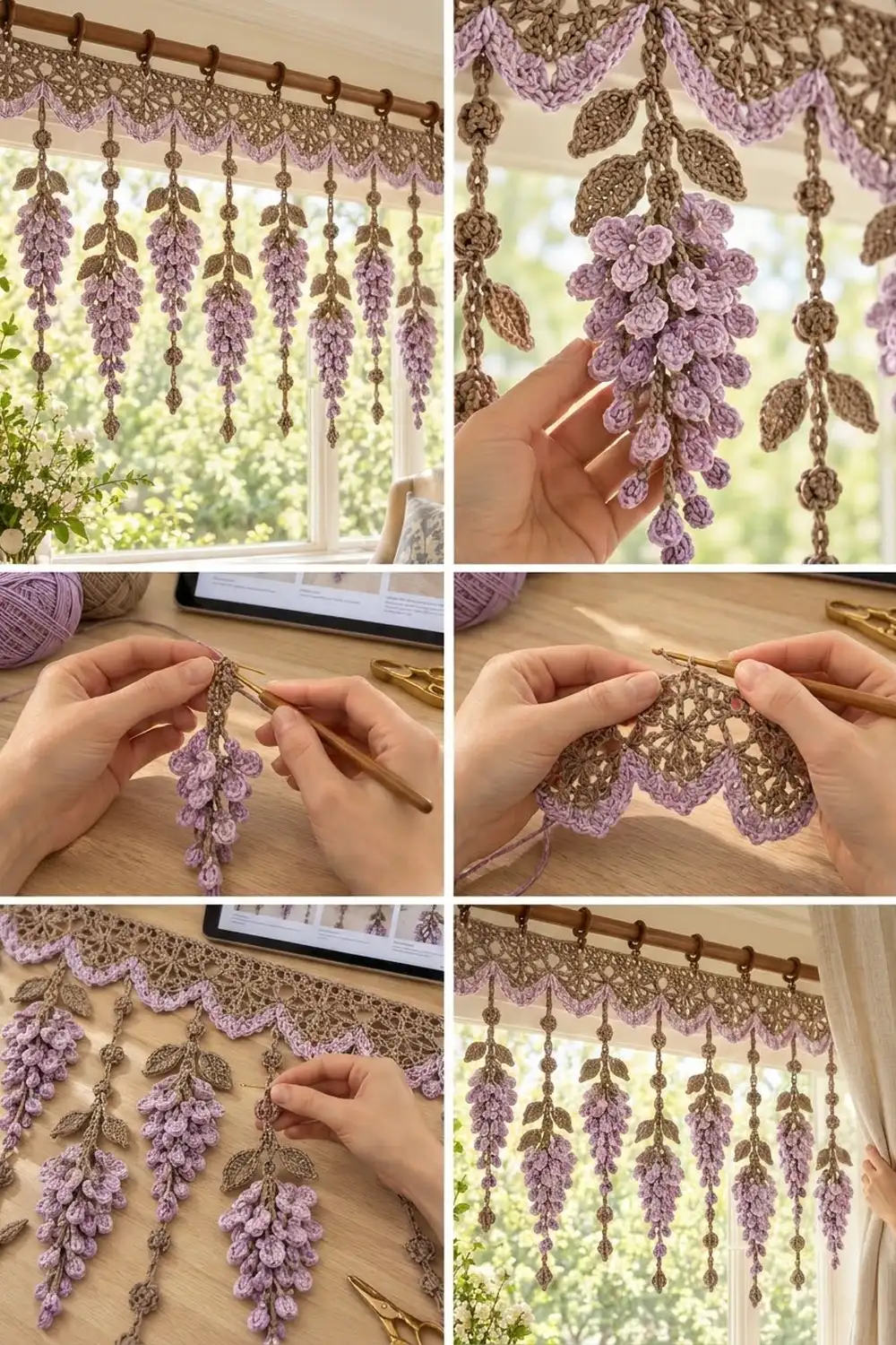 Purple crocheted wisteria with bronze leaves hanging from a wooden rod near a bright, sunlit window.