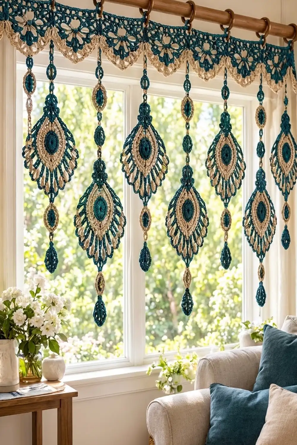 Teal and cream crocheted peacock feather window valance displayed above white flowers and upholstered seating in bright modern living room.