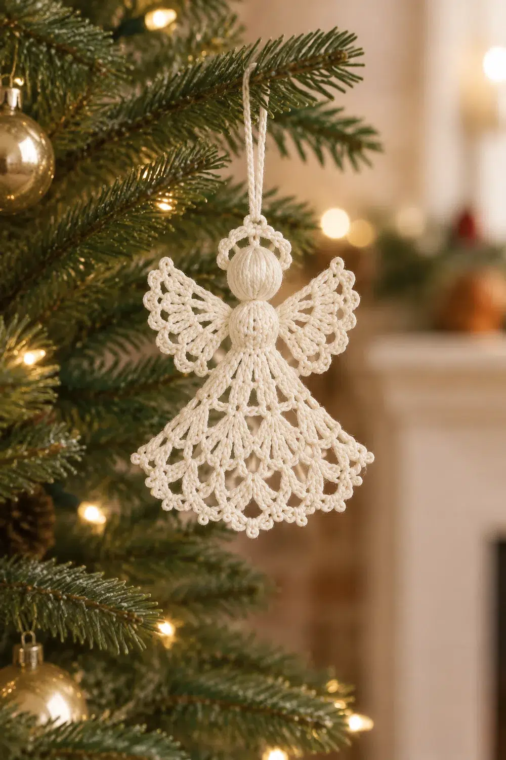 A delicate cream crocheted angel ornament hangs from a white ribbon on an evergreen Christmas tree with warm lights.