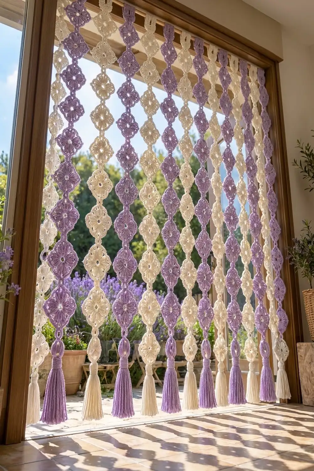 A handmade crochet door curtain with purple and cream diamond motifs and tassels hung in a doorway overlooking a garden.