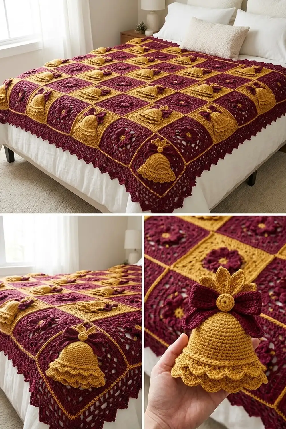 A burgundy and gold crocheted bedspread with bell motifs draped over a white bedded mattress in a bright bedroom.