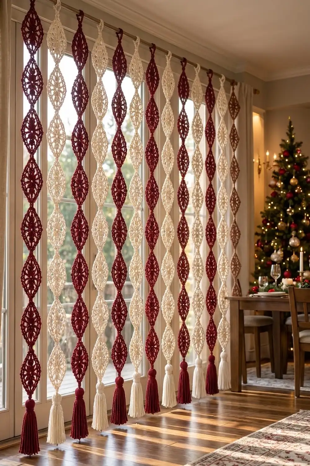 Burgundy and cream crocheted diamond ornament strings hang across a sunlit window beside a decorated Christmas tree.