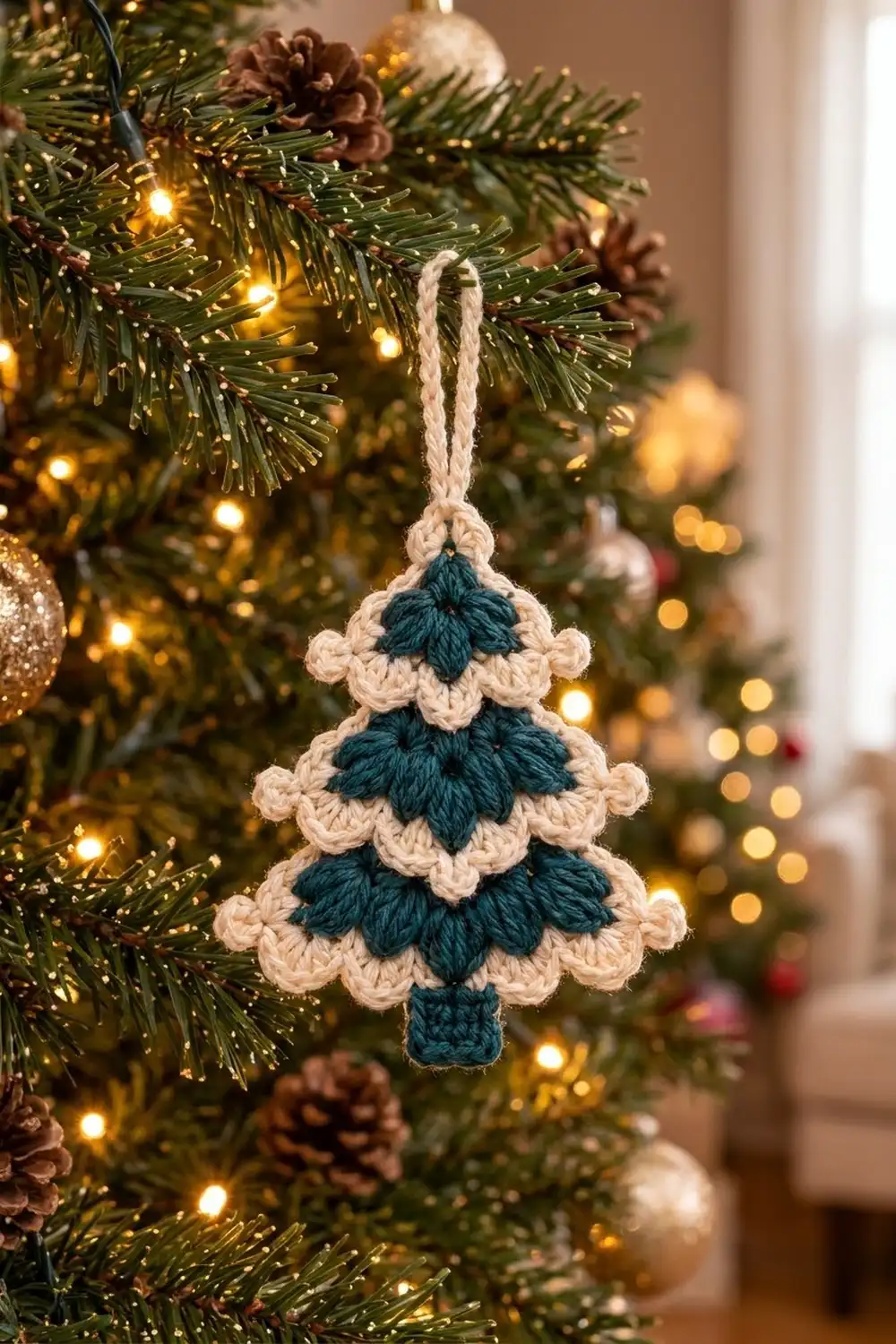 Cream and teal crocheted Christmas tree ornament hanging on an evergreen tree with gold lights and ornaments.