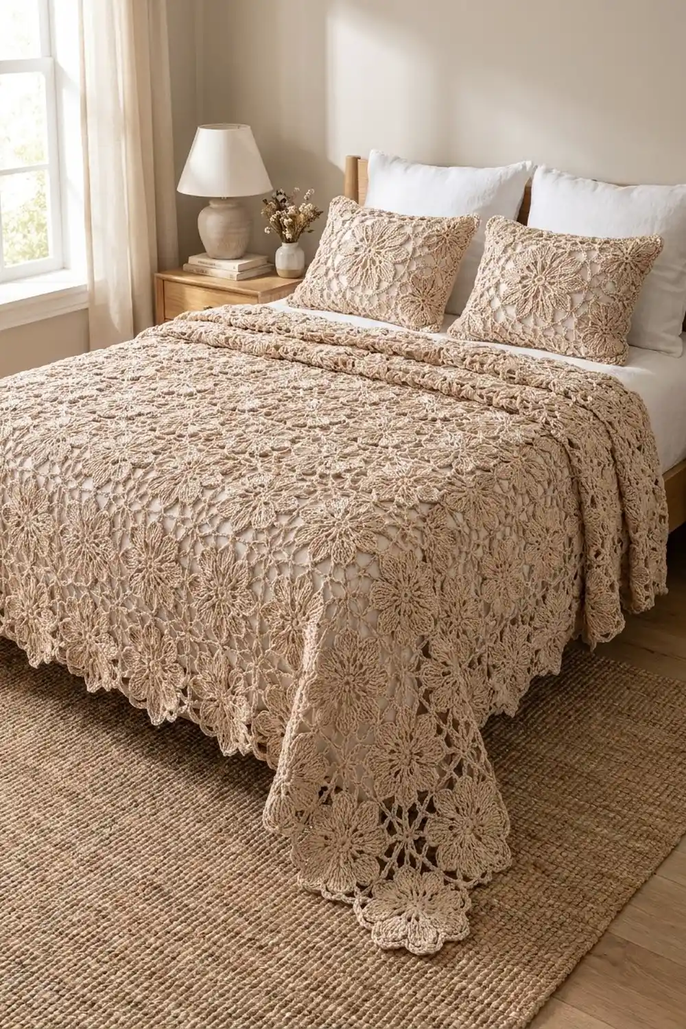 Cream crochet bedspread with delicate floral motifs styled on a bed in a light, neutral bedroom.