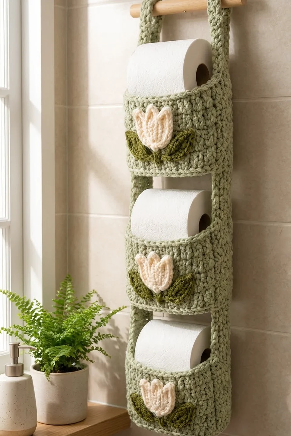 Sage green crocheted toilet paper holder with white tulips hanging on bathroom wall beside a green fern plant.