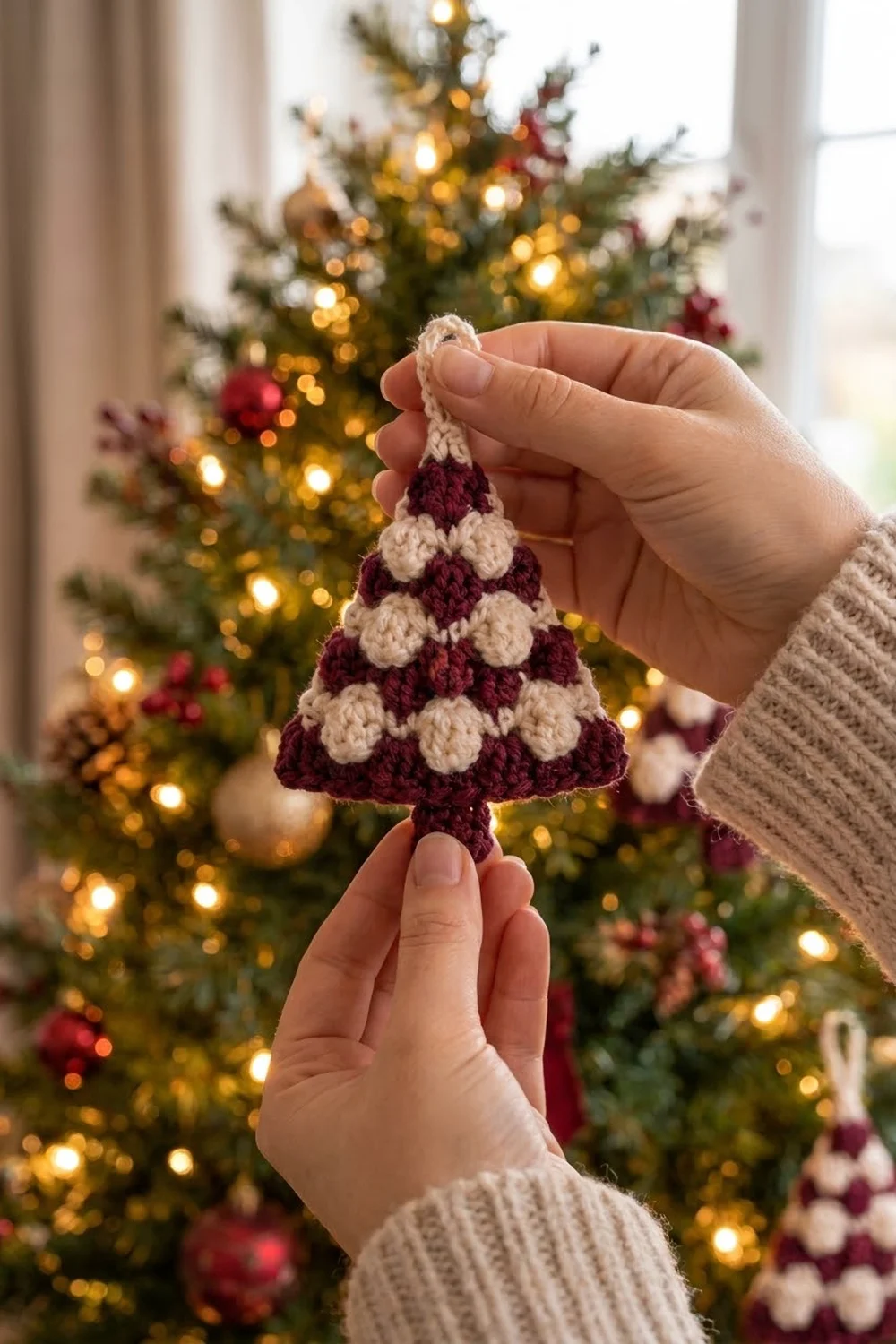 Hand holding burgundy and cream crocheted Christmas tree ornament against a lit Christmas tree with red ornaments and golden lights.