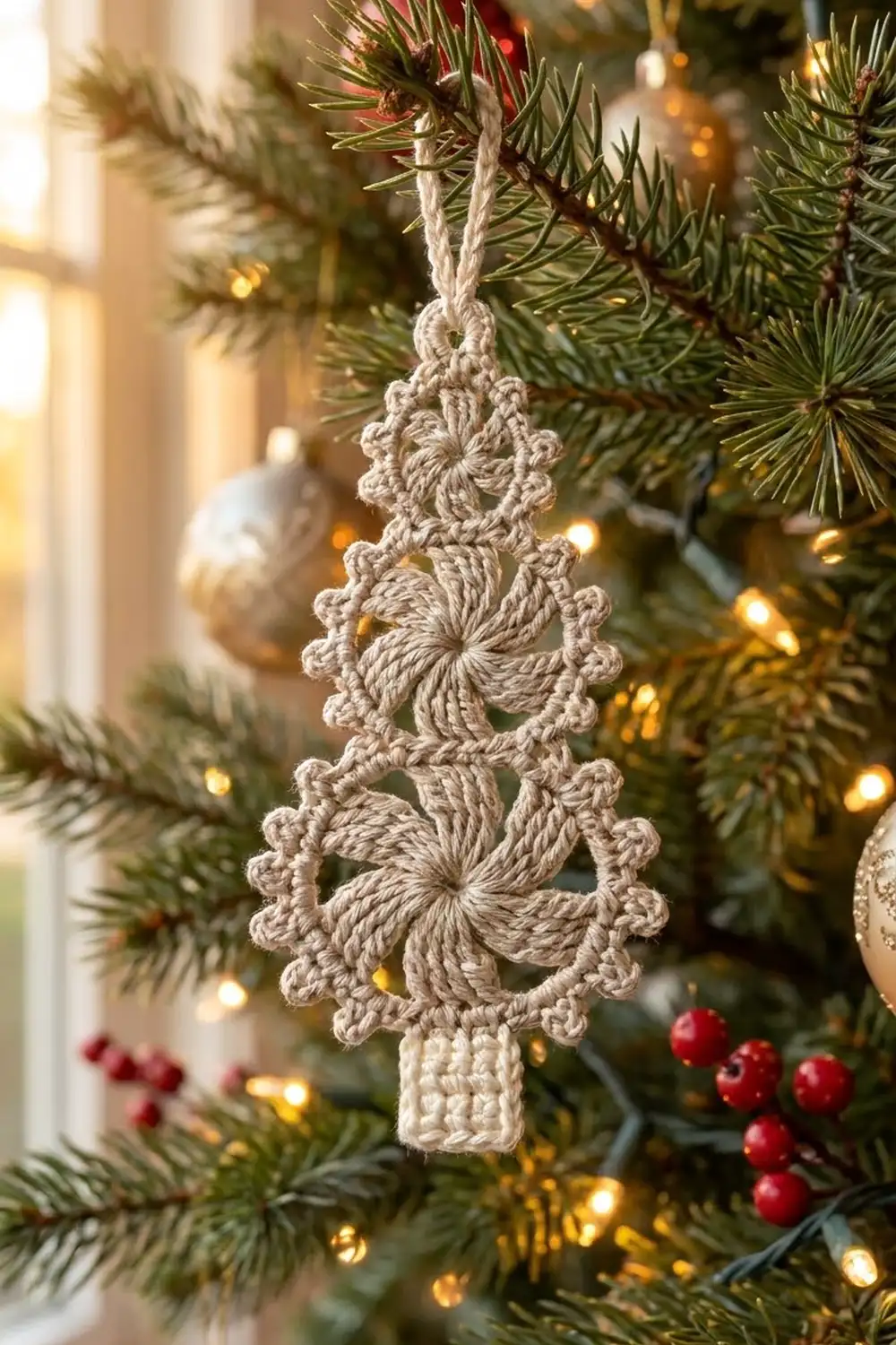 Cream crocheted Christmas tree ornament hanging from evergreen branches with warm golden lights and red berries.