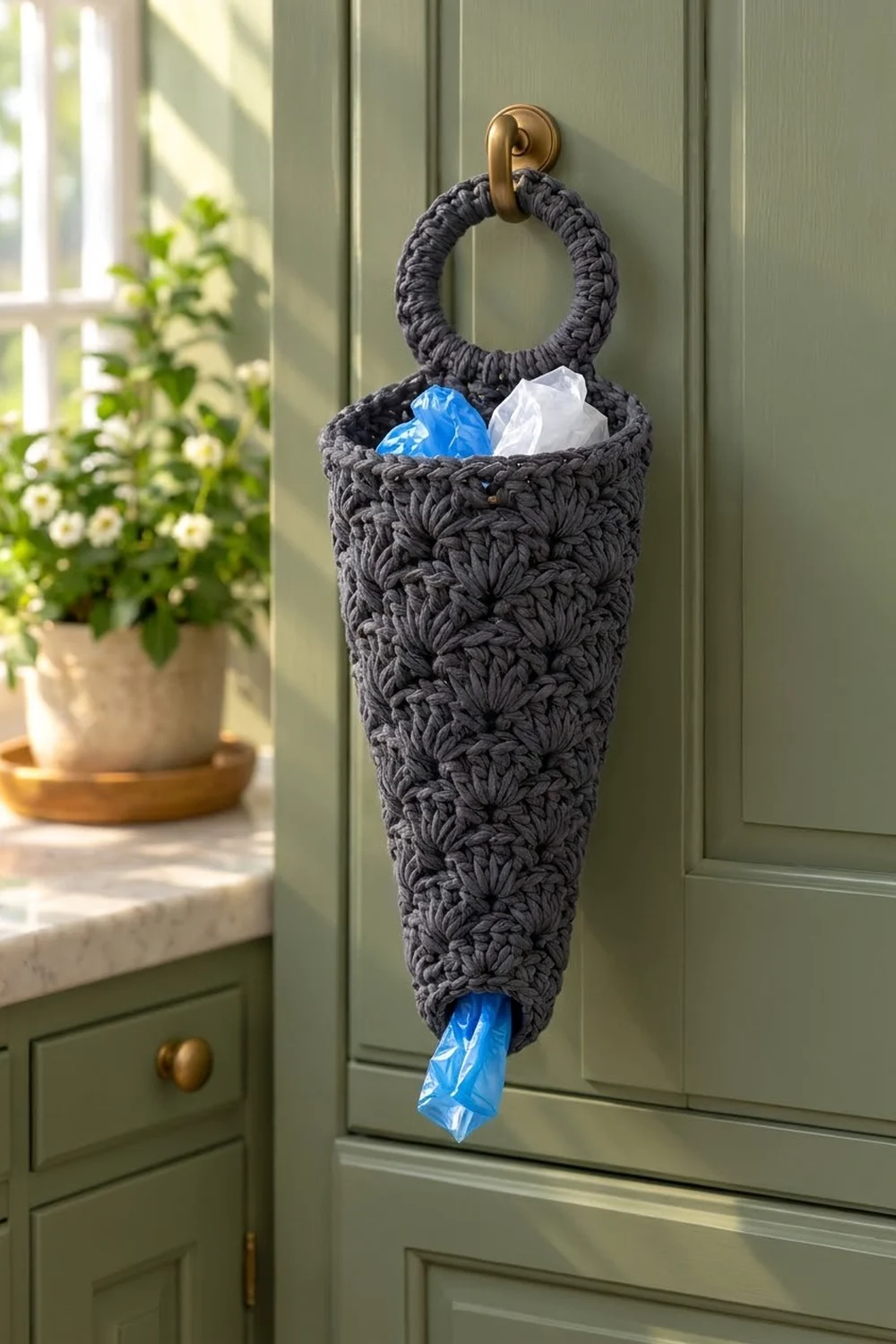 Charcoal crocheted plastic bag dispenser holding blue and white bags, hanging from a gold hook on a sage green door.