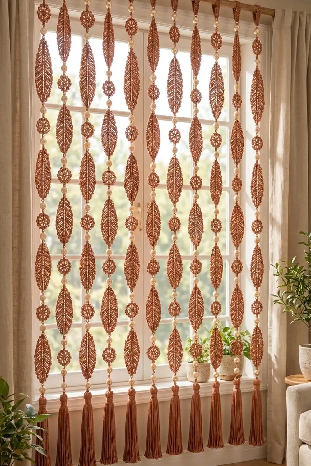 Rust-brown crocheted window hanging with leaf motifs, cream beads, and tassels, displayed in a bright window with plants.