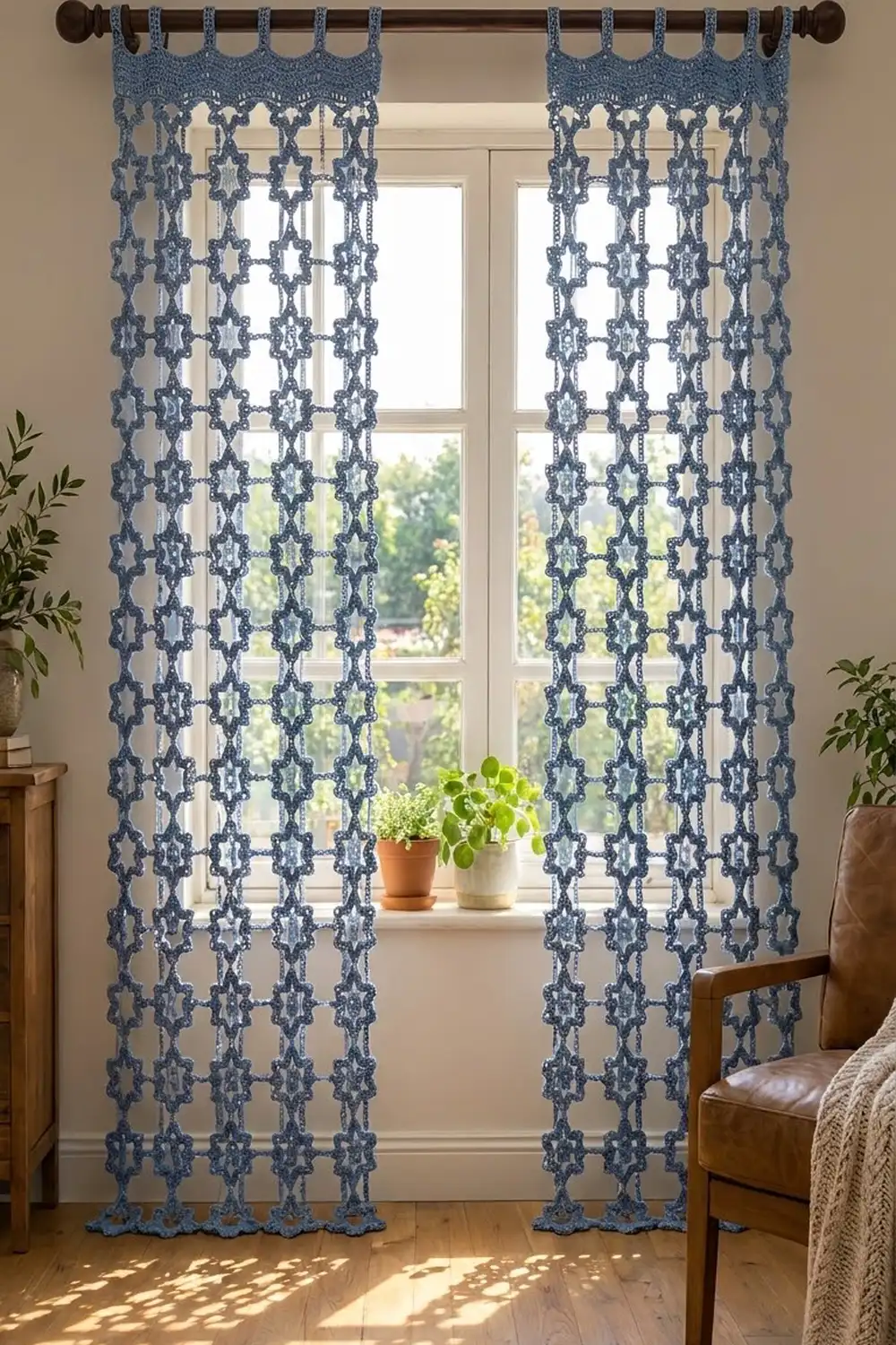 Slate blue crocheted lace curtains with delicate geometric pattern frame a sunlit window accented with potted plants.