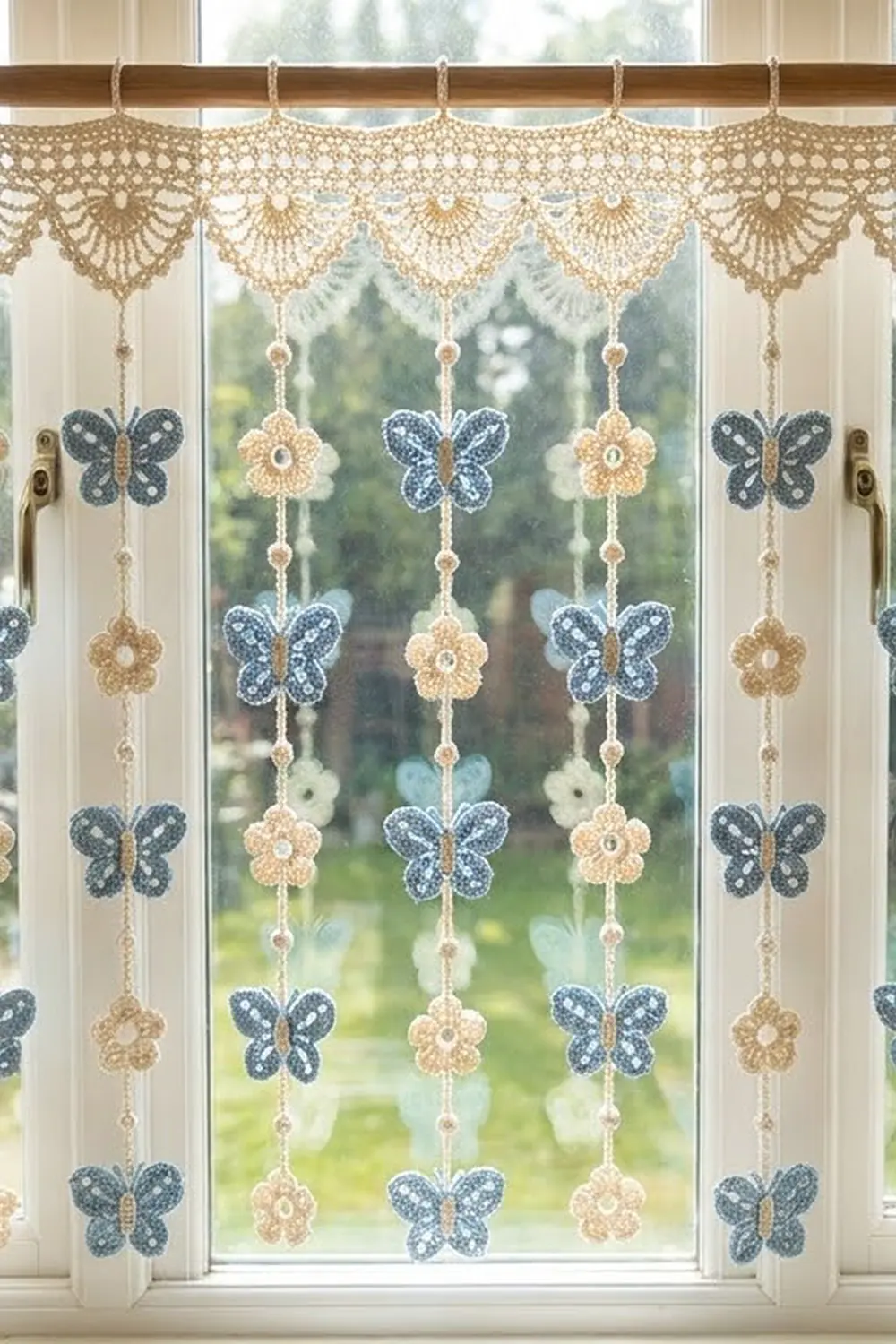 Delicate lace window curtain with blue butterflies and cream flowers hanging on double doors overlooking a garden.