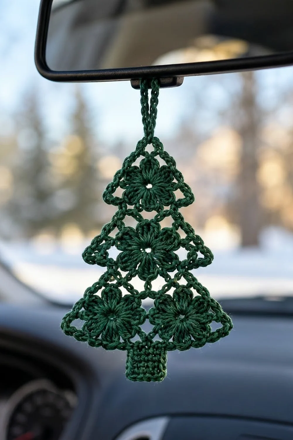 Dark green crocheted Christmas tree ornament with white flower accents hanging from a car's rearview mirror against a snowy backdrop.