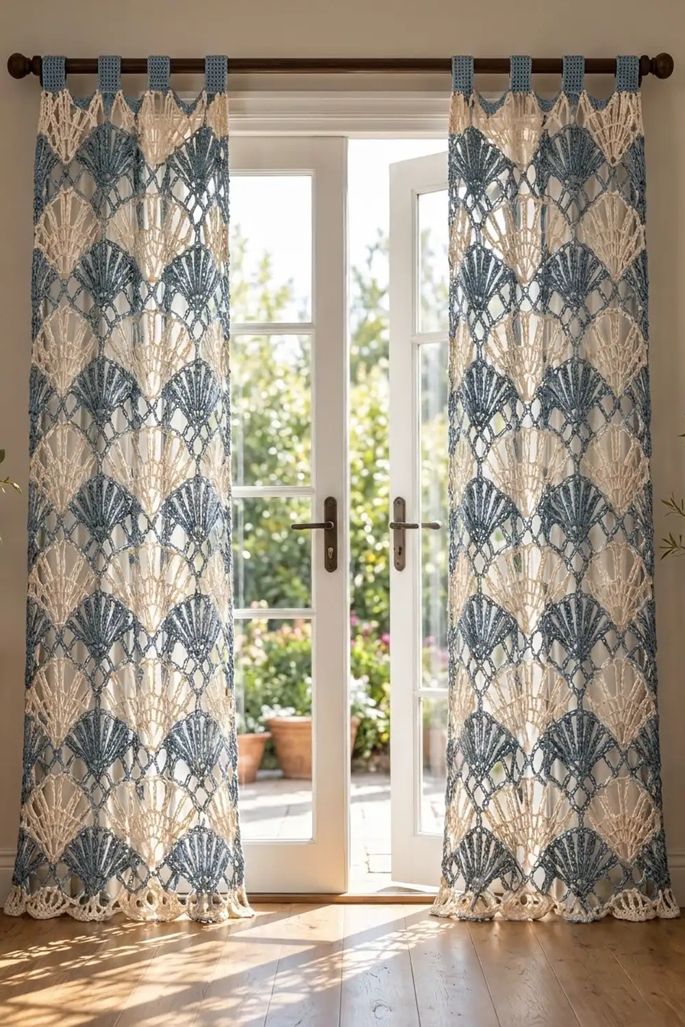 Slate blue and cream crochet curtains with lace trim frame sunlit French doors.