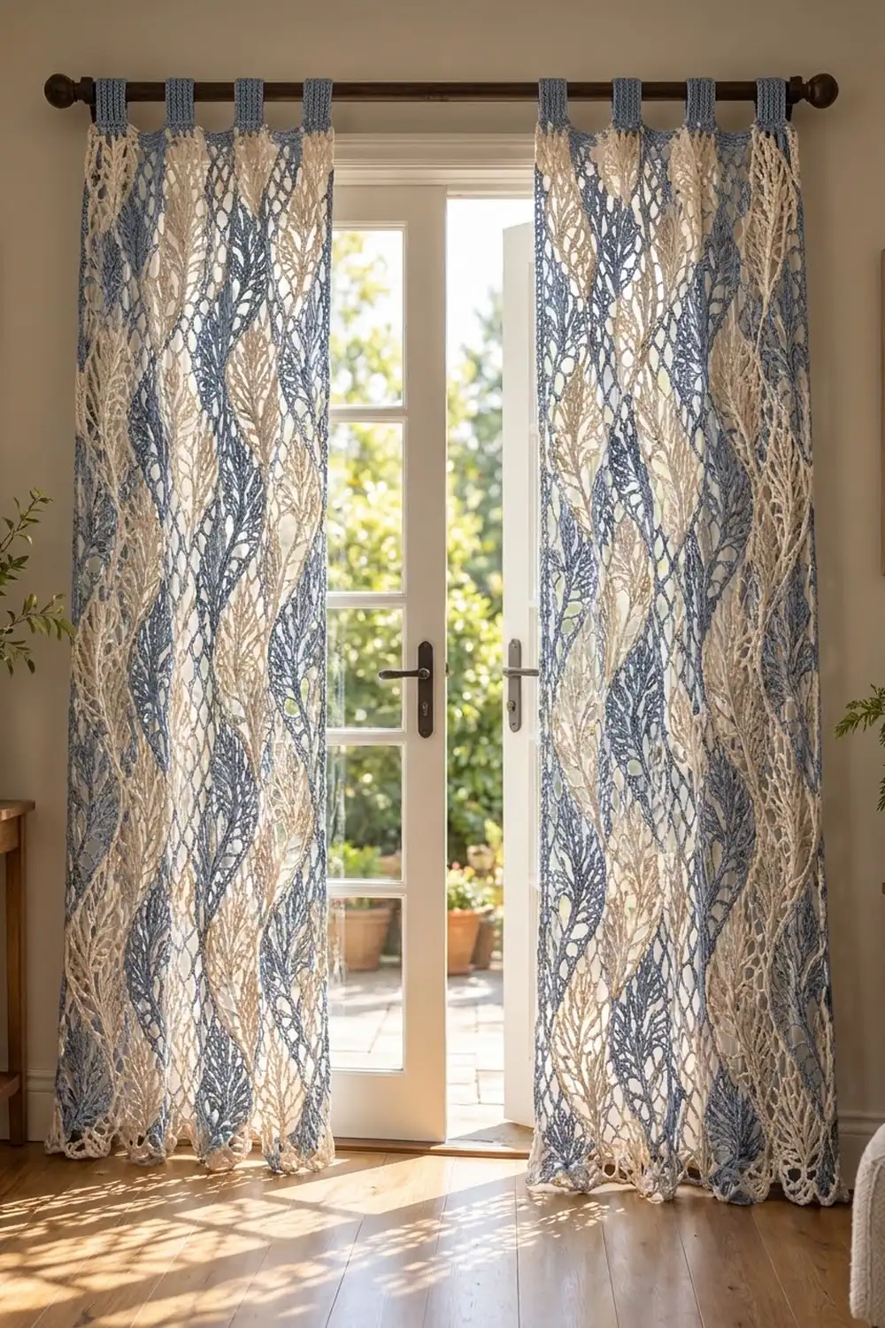 Blue and cream crocheted lace curtains with fern pattern hung on tall glass French doors overlooking a sunlit outdoor terrace.