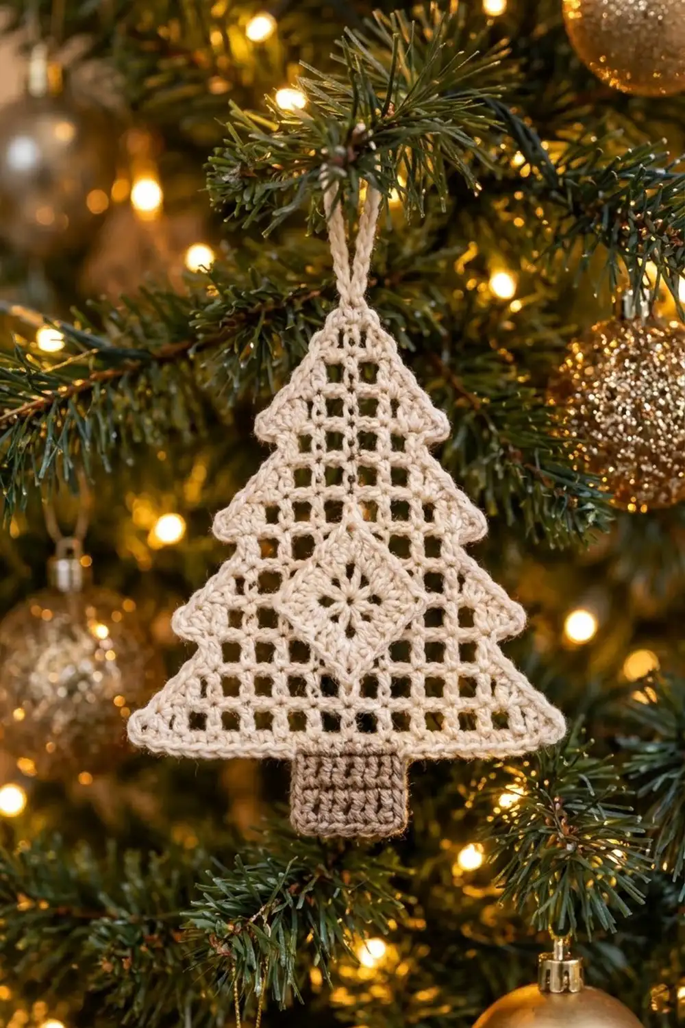 Cream crocheted lace Christmas tree ornament hanging from evergreen branches with warm golden lights.