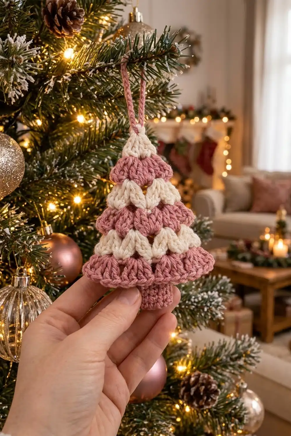 Hand holding a crocheted tree ornament with pink and cream stripes, hanging from a festively decorated Christmas tree.
