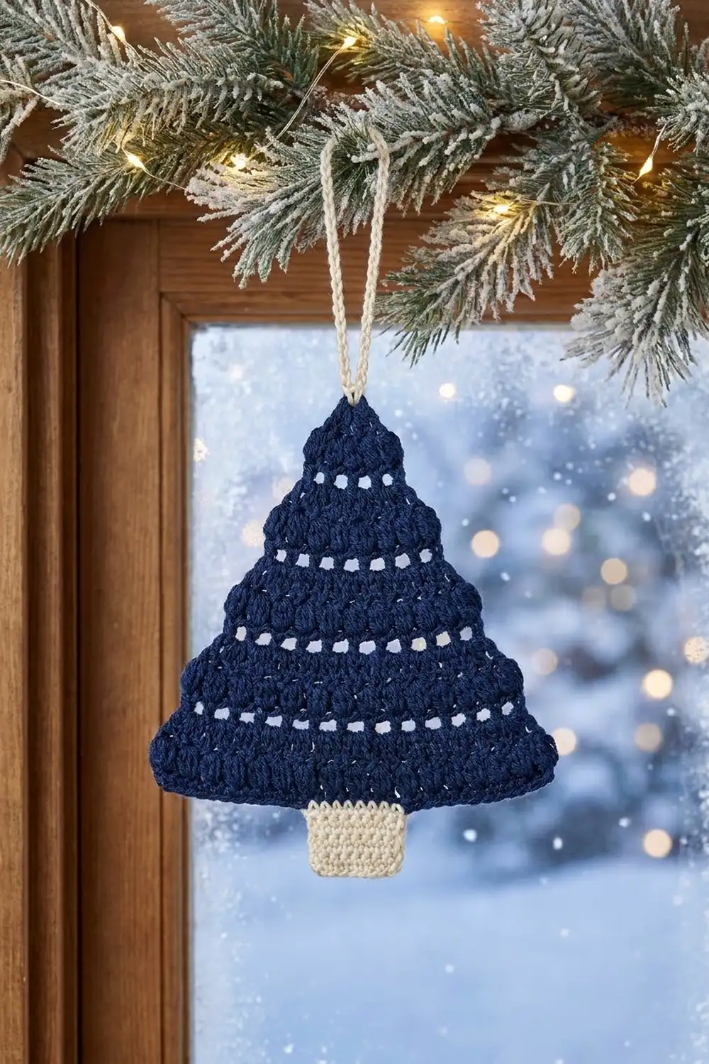 Navy blue crocheted tree ornament with white stripes hanging from frost-dusted branches before a snowy winter window.