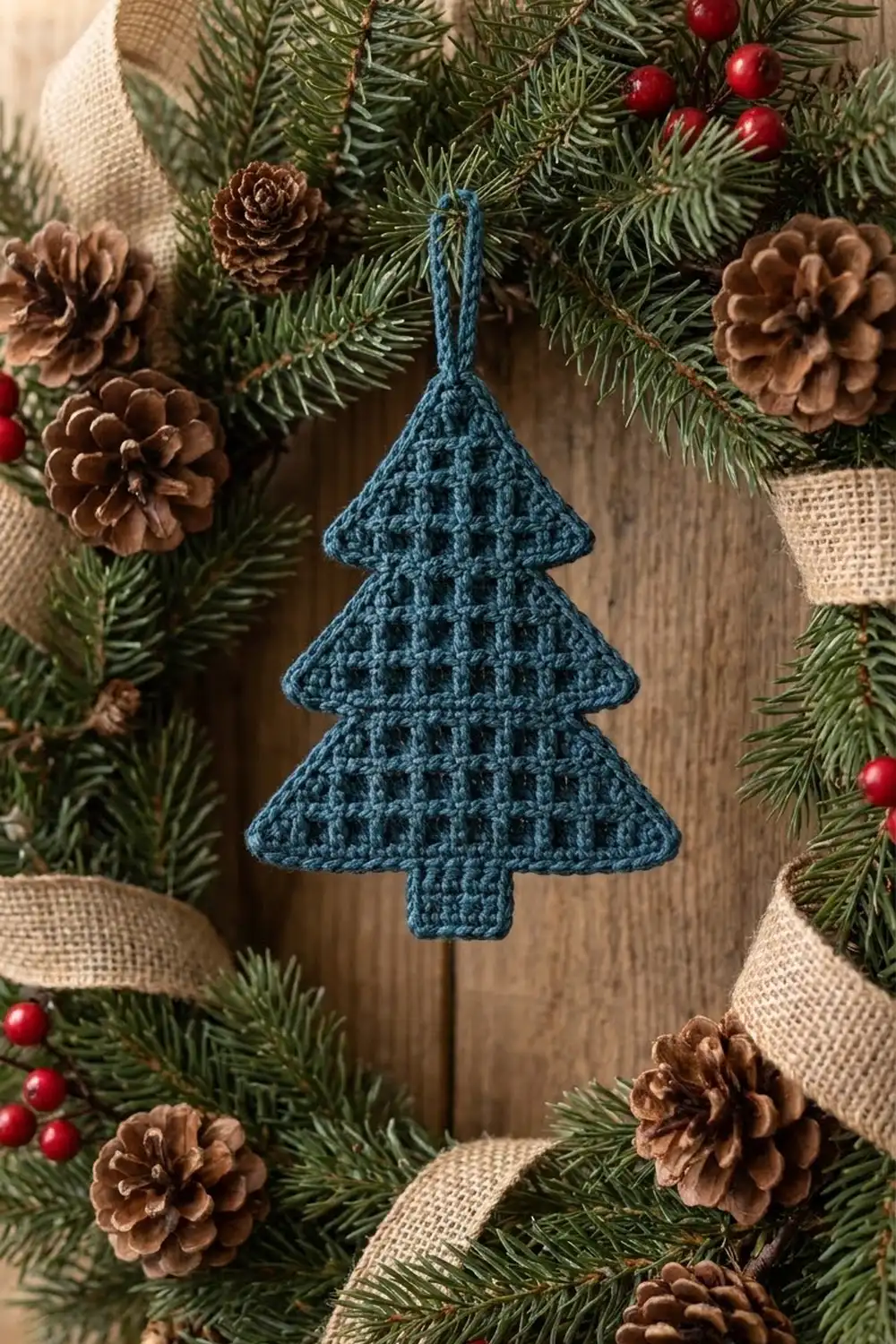 Teal crocheted Christmas tree ornament hanging on festive garland with green pine needles, brown pinecones, and red berries.