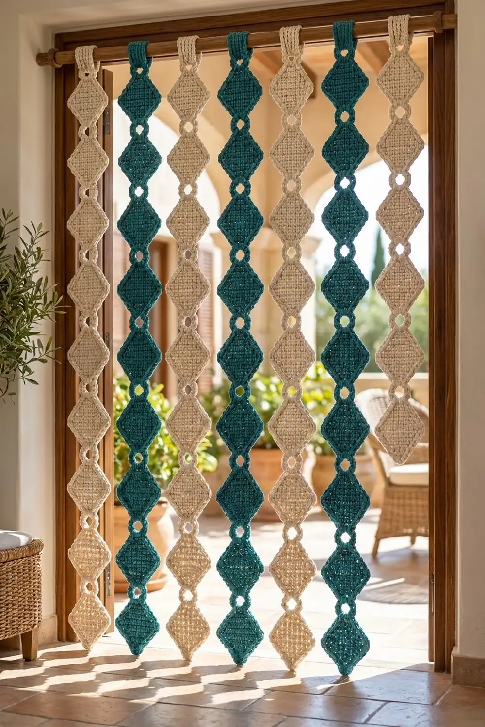 A crocheted door curtain with alternating teal and beige diamond patterns hanging in a sunny doorway with wooden frame.