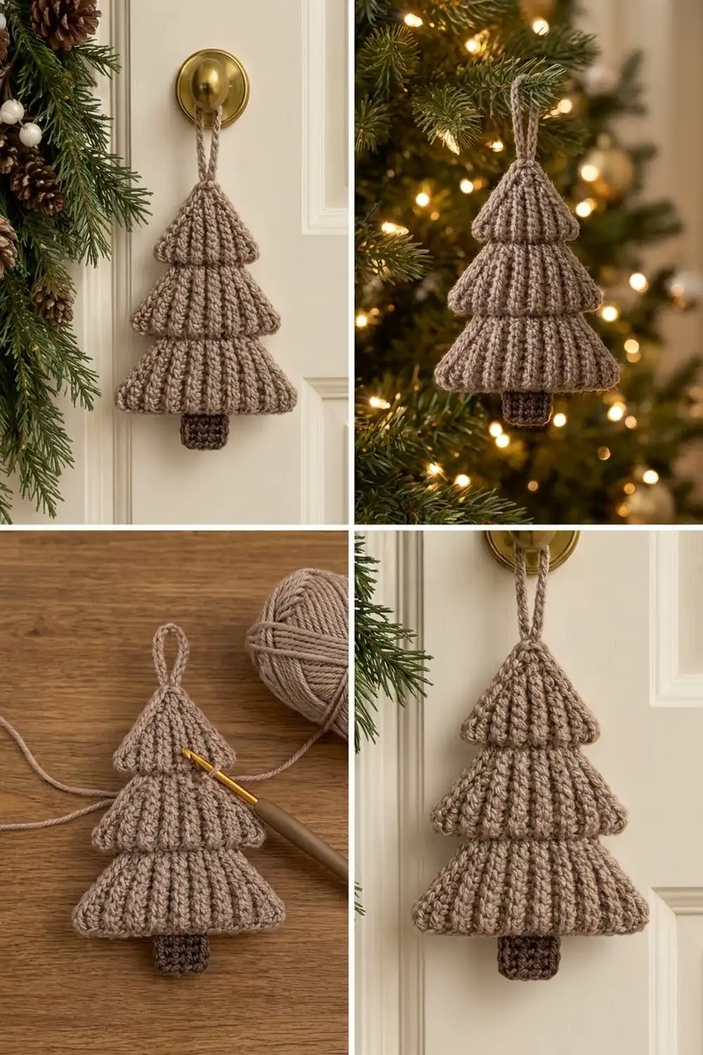 Gray crocheted Christmas tree ornament hanging from brass hook, displayed among holiday garland and twinkling lights.
