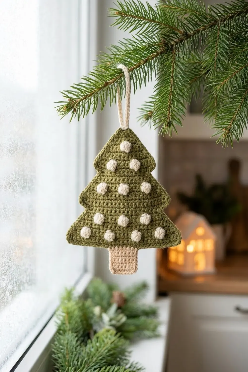 Olive-green crocheted Christmas tree ornament with white bobbles and tan trunk, hanging from evergreen branches by a window.