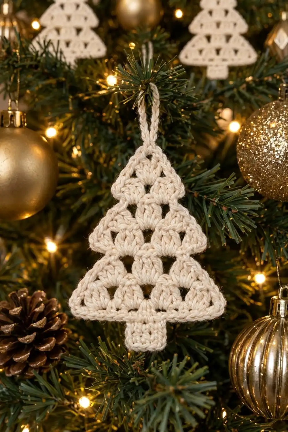 Delicate white crochet tree ornament hanging on an evergreen tree with warm lights and gold decorations.