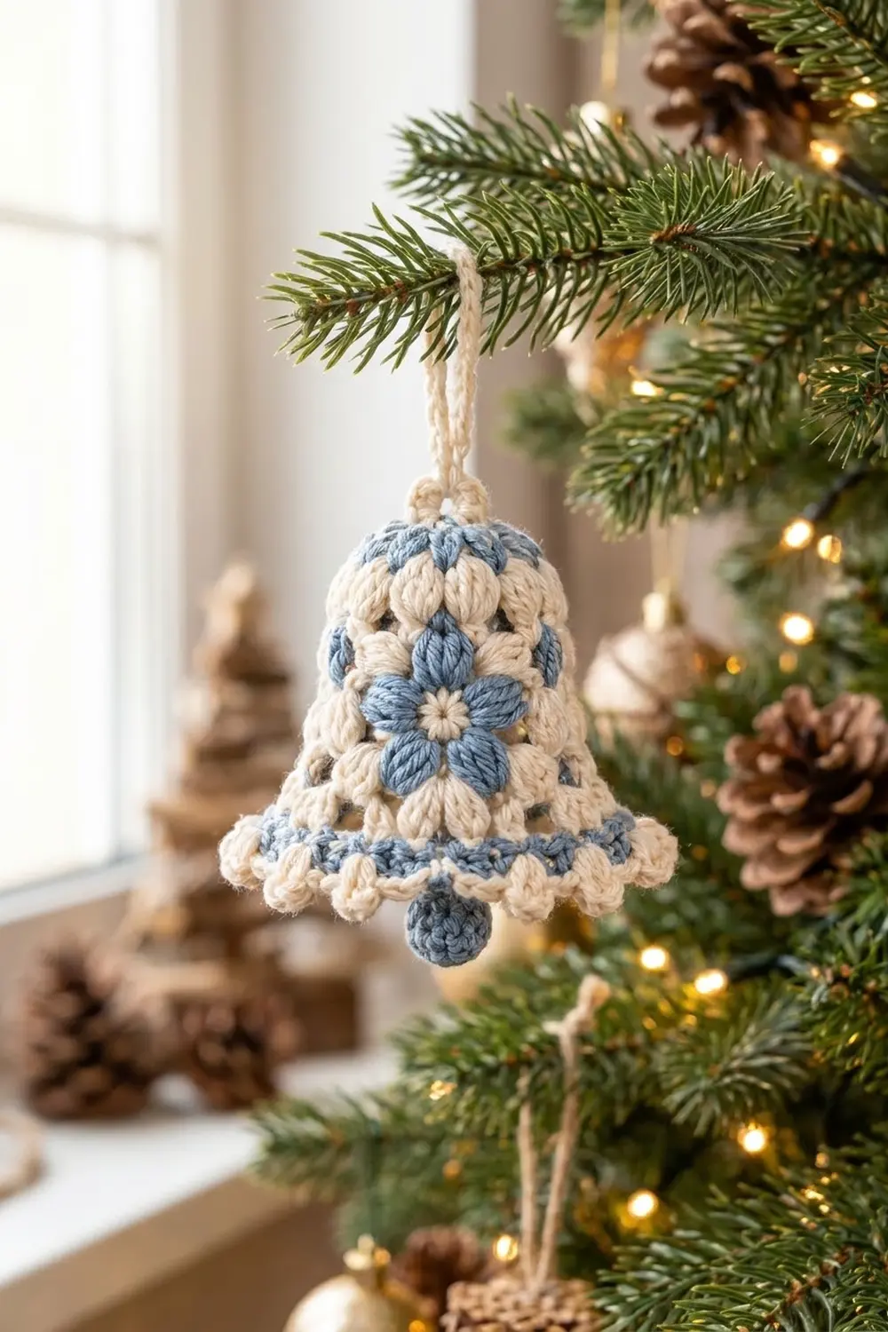 Cream and slate blue crocheted bell ornament with daisy flower detail hanging on a lit Christmas tree.