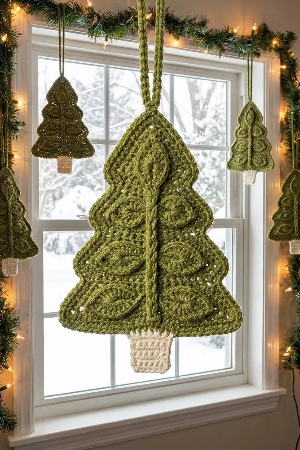 Handmade crochet Christmas tree ornaments in sage green with cream trunks decorate a snowy window.