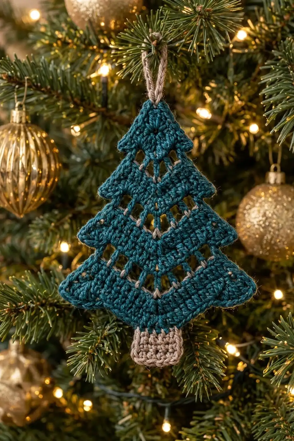 Teal crocheted tree ornament with beige trunk hanging on Christmas tree surrounded by green boughs, gold lights, and glass baubles.